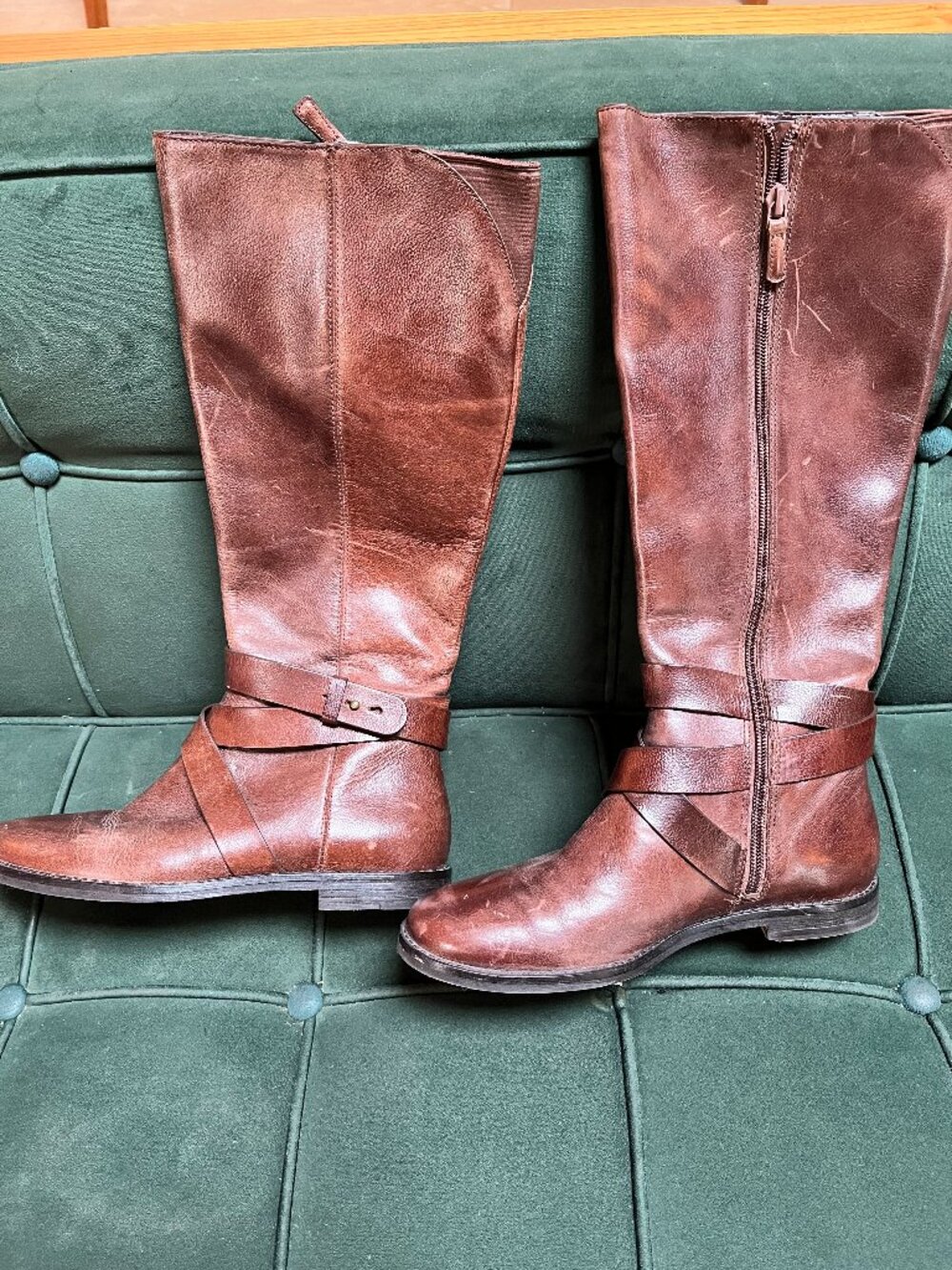 Cole Haan Brown Leather Tall Riding Boots Women’s 6B Side Zip Wrap Strap